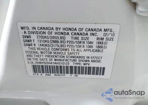 2010 Acura Mdx Technology Package z USA, uszkodzony, nr VIN 2HNYD2H47AH510122